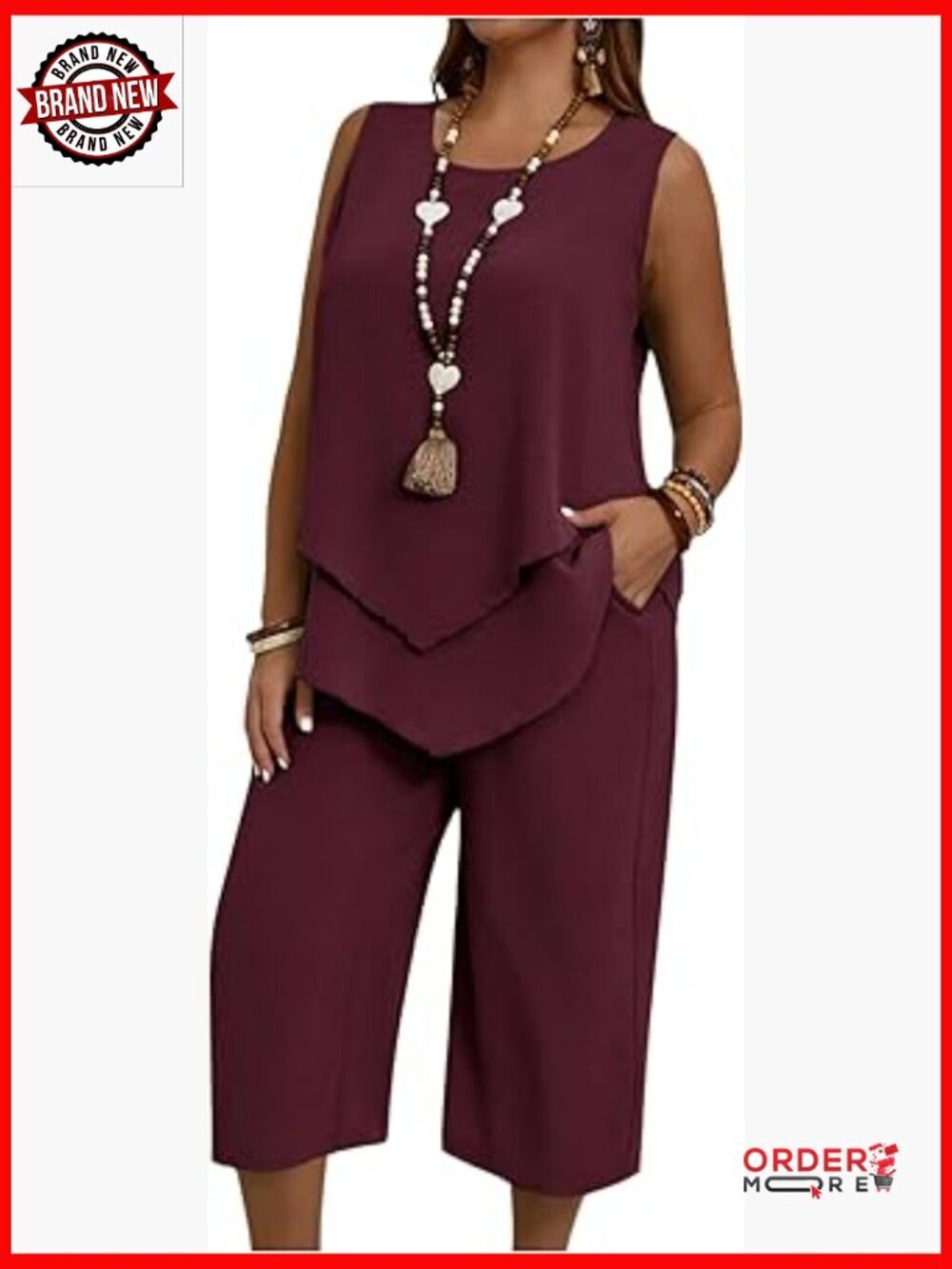 Plus Size 2 Piece Summer Outfit Tank Tunic & Capri Pants Set L-5XL